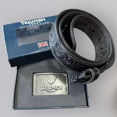 NEW Mens TRIUMPH Motorcycles Chain Buckle On 36 XL Black Leather Embossed Belt • $40