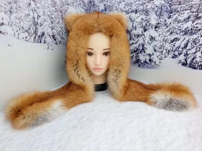 Real Red Fox Fur Winter Animal Hat Hood Long Scarf Ushanka Ears Flap Unisex • $140.71