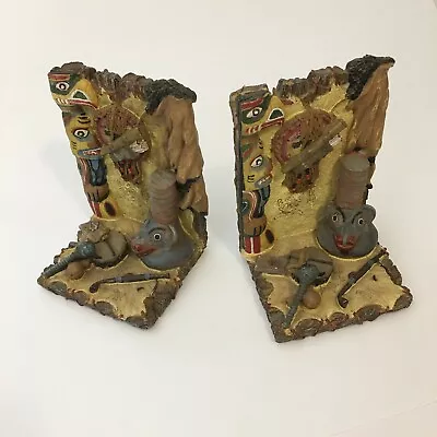 Native American Indian Bookends Hand Painted Felt Bottom Drum Peace Pipe Totem • $20