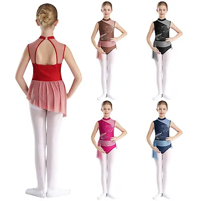 Kids Girls Ballet Flowers Pattern Skirted Dancewear Bodysuit Figure Skating • £16.37