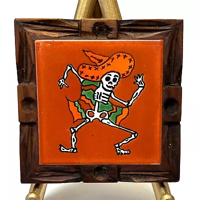 Vintage Mexican Tile 5  Kitchen Trivet Hand Carved Wood Frame Day Of The Dead • $16.80