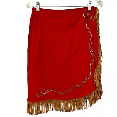 Vintage Fringe Western Cowgirl Red Wrap Midi Skirt Size M • $44.99