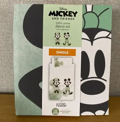 Disney Mickey Mouse & Minnie Single Duvet Cover 100% Cotton Bed Set Green White • £16.99