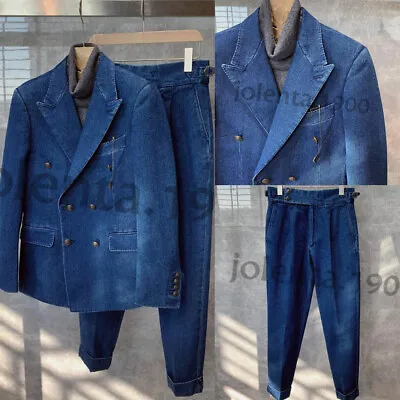 Denim Men Suits Double Breasted Blazer Slim Fit Casual Tuxedo Peak Lapel Jackets • $53