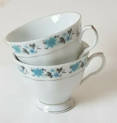 Vintage Tea Cups Porcelain Mismatched China Blue Floral Silver Rim Retro X 2 • £10