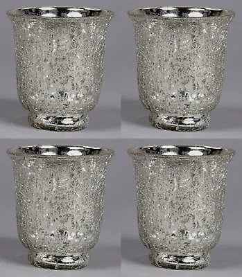 Votive Candle Holders Mercury Crackle Glass Silver 3 Dia 3.5 High Set Of 4 • $15.96