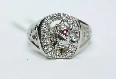 Statement Genuine 10K Solid White Gold Men's Horseshoe Ruby Diamond Ring Sz 9.5 • $498.98