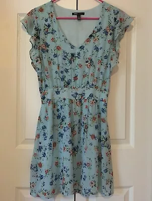 MNG Mango Blue Flowy Floral Dress Size XS Flutter Sleeves Side Zipper Lined • $18.99