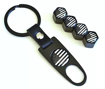 Tire Wheel Valve Stem Cap Keychain Set Gift Matte Black American USA B Flag CAL1 • $9.50