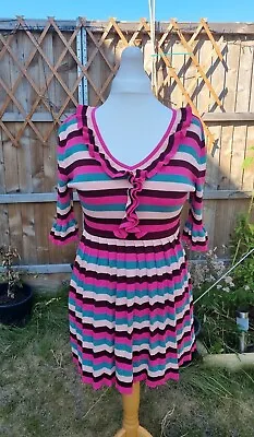 Rainbow Tea Dress Size 12 Pleated Skirt Harkel Stripy Dress Ruffle Collar • £6