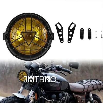 Motorcycle 6.5  Retro Round Headlight W/Bracket + Grid Yellow Leans For Harley • $35.27