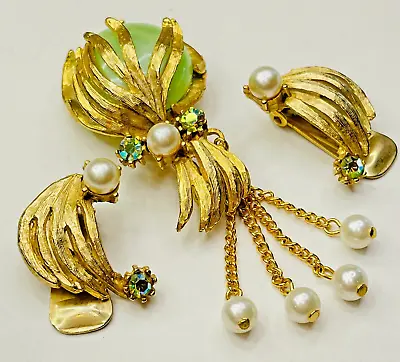 Vtg Thermoset Green Cabochon Gold Pearl Ab Rhinestone Brooch Earring Set Lot • $25