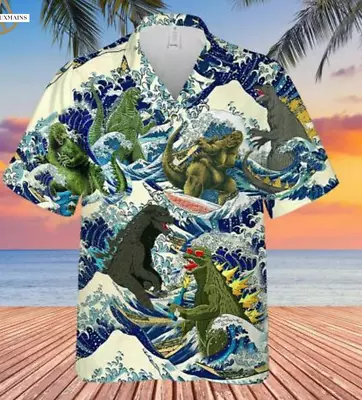 Godzilla Surfing Hawaiian Shirt Unisex 3D Vintage Beach Shirt Godzilla Love Gi • $24.99