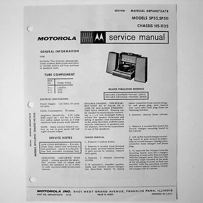 Motorola ® Model SP52 SP511 Portable Record Player Service Manual © 1963 • $4.70