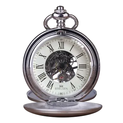 Brelsen Royal Silver Double Hunter Mechanical Pocket Watch • $99.46