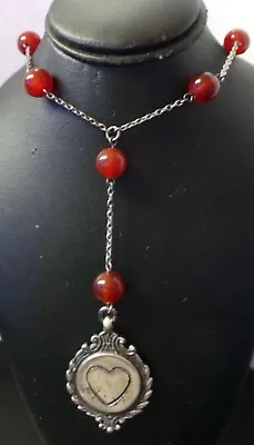 Vintage Sequin Sterling Silver Carnelian Bead Lariat 16  Necklace W/ Heart Tag • $21.95