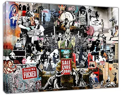 Banksy Best Collage Prints  Picture Print Framed Canvas Wall Art Decor • £14.24