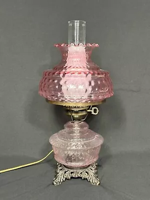 Vintage Pink Glass Hurricane Lamp Three Way Hobnail Electric Lamp • $149