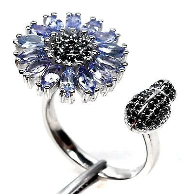 Blue Un Tanzanite & Black Spinel Ring 925 Sterling Silver (Resizable) • £227.85