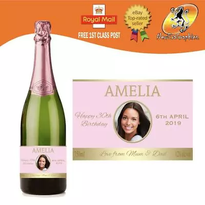 Personalised Pink Photo Champagne Prosecco Bottle Label Birthday Any Occasion • £3.35