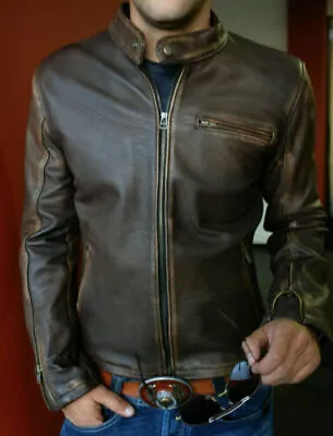 Men’s Motorcycle Biker Vintage Cafe Racer Distressed Brown Real Leather Jacket • $84.99