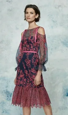 $595 NEW Marchesa Notte Eyelet Organza Dress Navy Blue  Pink Embroidered  0 2 . • $275