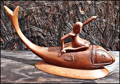 Vtg Carving MAN Person RIDING ON A FISH/WHALE? Folk Art 10-1/2  Long 6-1/8  Tall • $29.99