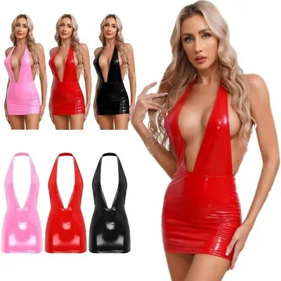 Womens Patent Leather Halter Mini Dress Plunging V Neck Bodycon Dress Clubwear • $13.01