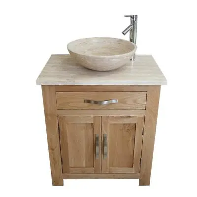 Bathroom Vanity Unit Oak Modern Cabinet Wash Stand Travertine Top & Basin 502 • £591.26