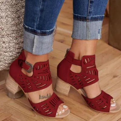 Womens Ladies Summer Low Block Heel Gladiator Sandals Ankle Strap Open Toe Shoes • £20.49