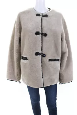 MNG Womens Button Front Long Sleeve Faux Shearling Jacket Brown Size Medium • $60.99