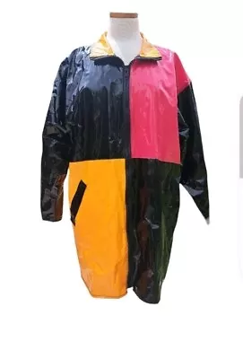 VTG Items International Vinyl Rain Jacket L/XL Color Block Pink Orange Black • $29.99