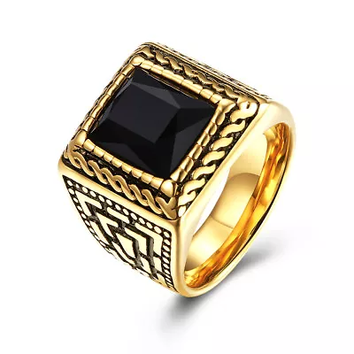 Stainless Steel Yellow Gold Plated Ring Men's Black Glass Stone B547 • $13.99