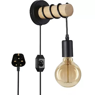 Plug In Wall Light Fitting Metal Industrial Design Wood Arm Lighting Wall Lamp • £18.89