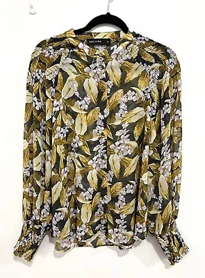 Decjuba Floral Blouse Size 12 Long Cuffed Sleeve Sheer Button Front  • $29