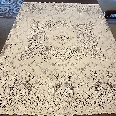 VTG Quaker Lace Cloth Tablecloth #4240 Tag CREAM FLORAL  PICOT LOOPS- 52” X 54” • $21.99