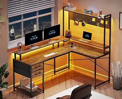 L Shaped Desk With Hutch Corner Computer Desk With Power Outlet & LED Lights • $135.97