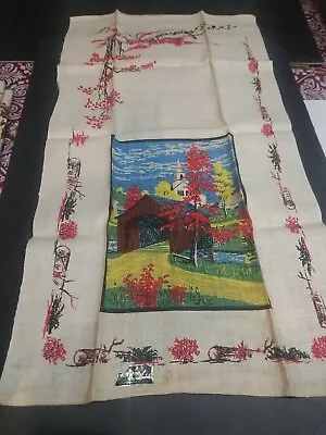 Vintage Kay Dee Handprints Covered Bridge 100% Linen Tea Towel With Original Tag • $14.99