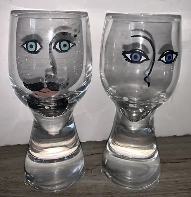 Pair Of Bridal Toasting Glasses Mustache Man And Woman Figural Face MCM Vintage • $29.99