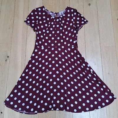 Damson Polka Dot Dress Skater Billie & Blossom Cap Sleeve Tea Dress UK 14 Soft • £12.95