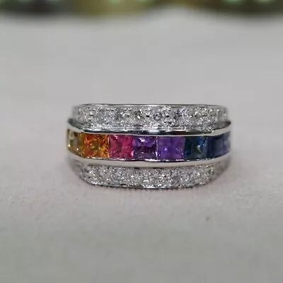 Natural Rainbow Sapphire Diamond 18K White Gold Sapphire Men's Ring 2CT • $2700