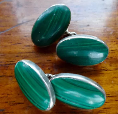 Vintage 925 STERLING SILVER Malachite Green Stone Chain Link Mens Cufflinks -H28 • $42.31