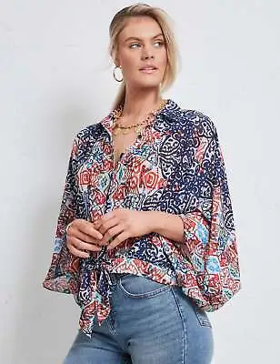 KATIES - Womens Tops - White - Print - Tie Front - Kaftan Top - Women's Clothing • $24.81