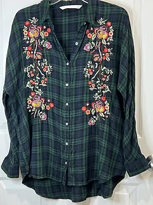 Zara Trafaluc Flannel Embroidery And Beaded Button Up Shirt Size S • $15.99