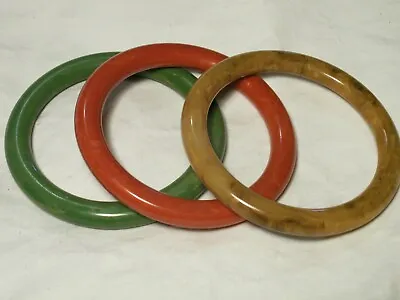 Three(3) Vintage Bakelite(tested) Bangle Bracelets Mixed RedGreenAmber/Brown • $71.94