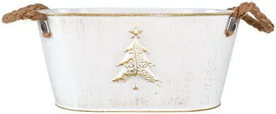 30cm Metal Christmas Tree Embossed Plant Pot Tin Pail Trough Gold White Decor  • £9.95