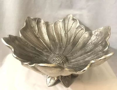 Pedestal Bowl Cast Metal Silver Tone Flower Design Unique EUC Large • $38.99