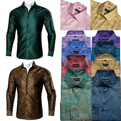 Mens Dress Silk Shirt Long Sleeve Red Blue Paisley Casual Button Down Shirts L • $19.99