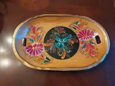 Vintage Mexican Oval Tray Batea Wood Hand Painted Folk Art W Handles Handcarved • $4.99