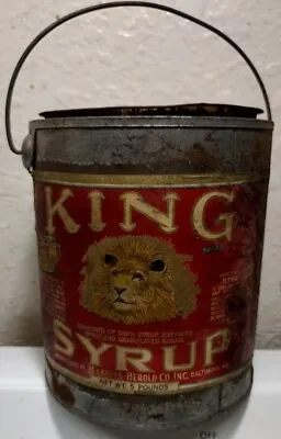 Vintage KING SYRUP Tin Can 5lb. Kitchen Advertising Display Decor. Rusty Gold?! • $24.99